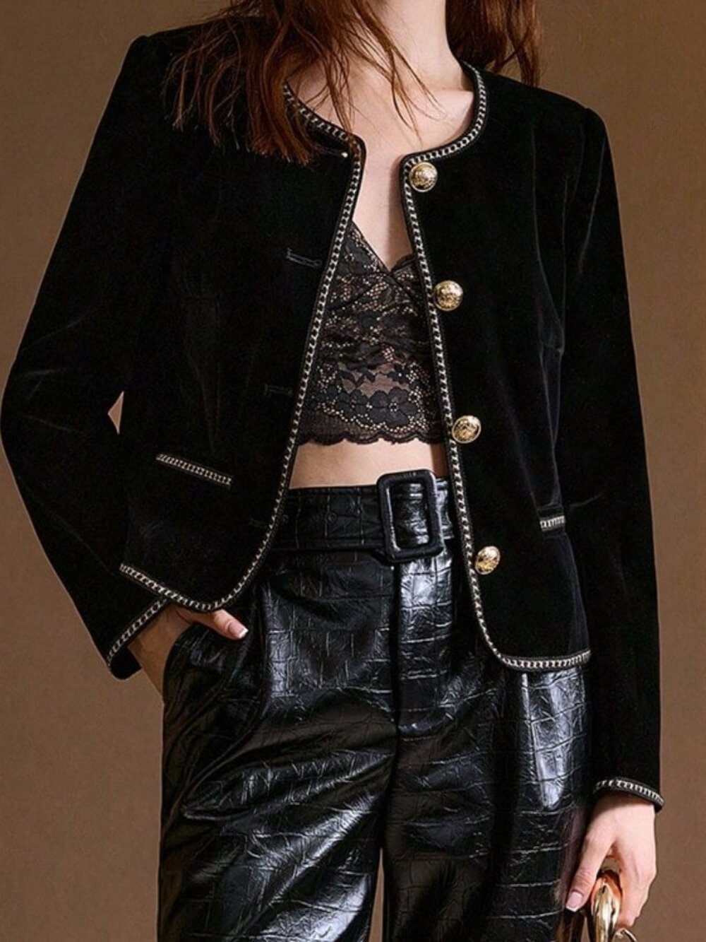 Black Elegant Women's Velvet Contrast Binding Jacket